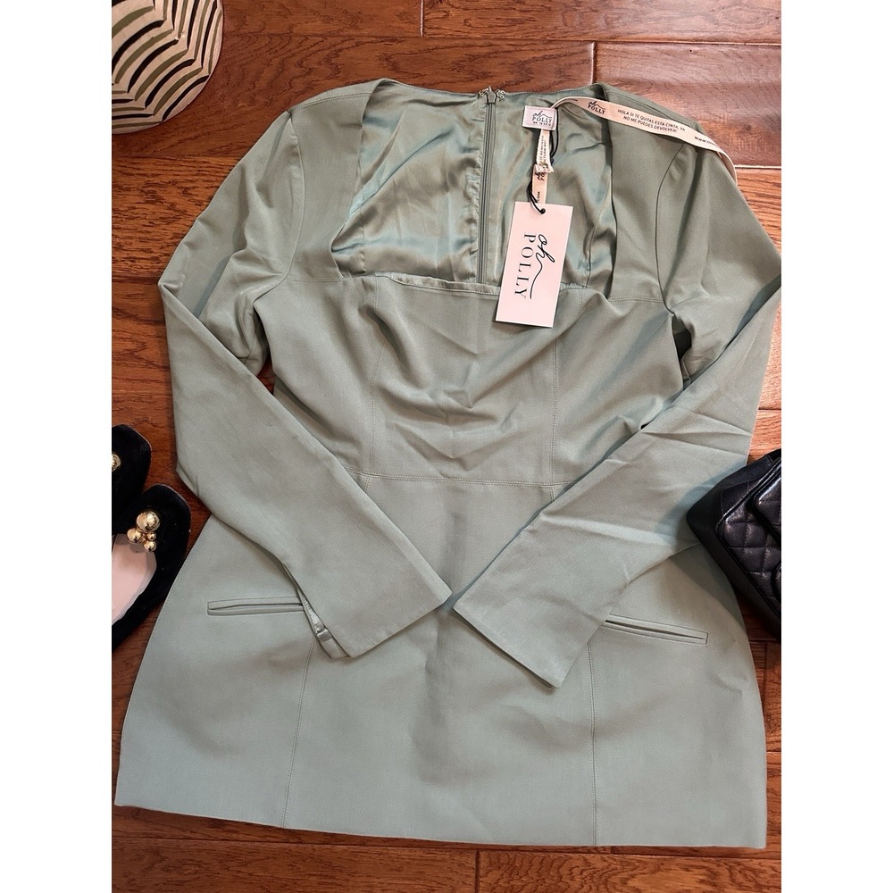 NWT Oh Polly Taesha Long Sleeve Square Neck Mini Dress Sage Green US 12